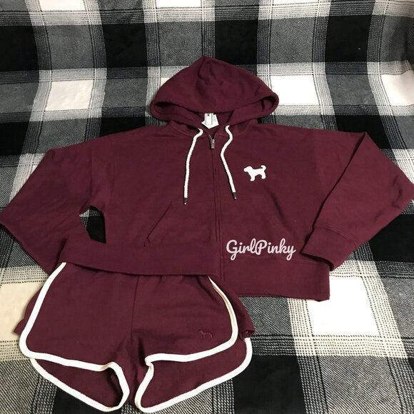 VS PINK IVY TERRY SHORTS OUTFIT & FULL ZIP BURGUNDY WITH LOGO ON THE BUTT XS-XXL - Picture 3 of 8